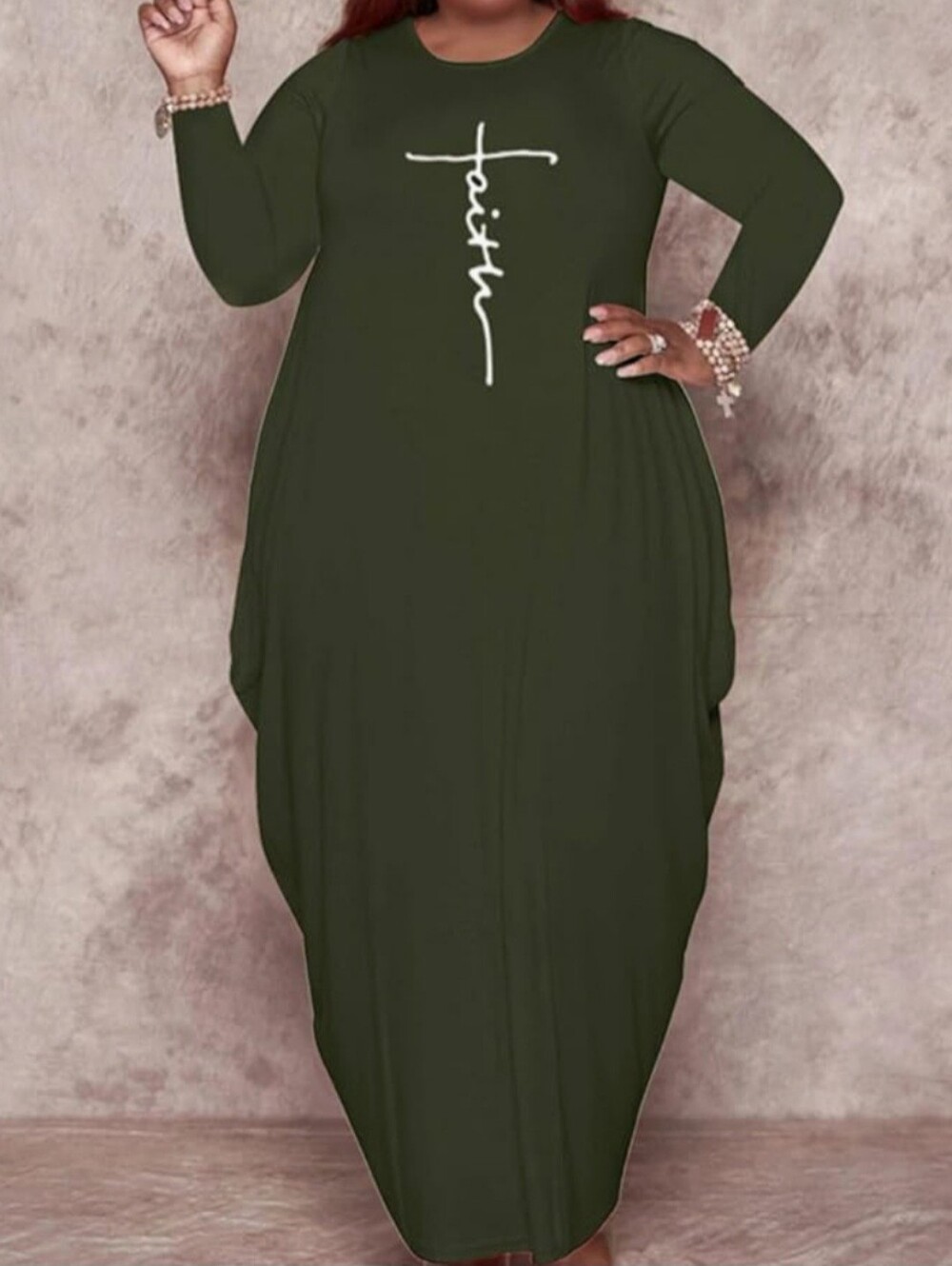 Plus Faith Graphic Long Sleeve Maxi Dress - Olive
